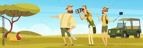 Safari background. Outdoor african landscape with wild animals and travellers in car vector kenya safari. illustration wild africa animal and tour