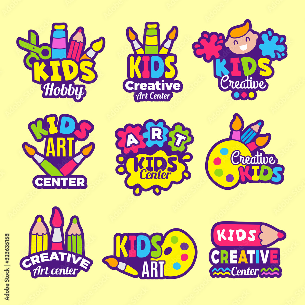 Creativity kids logo. Craft emblems or badges children paintings art class drawing vector symbols. Art craft school, for children, creativity painting class illustration