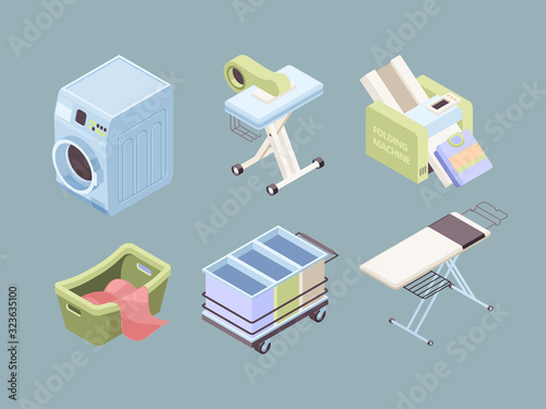 Laundry isometric. Fabric bubbles clean service towels dirty spot laundromat soap vector collection. Laundry and laundromat electrical, dirty fabric and housework equipment illustration