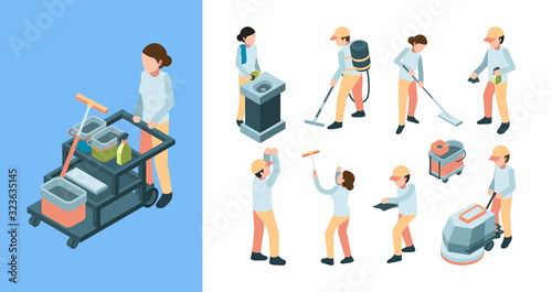 Cleaning industry isometric. Industrial cleaning service workers equipment remove carpet. Cleaning equipment, cleaner industry illustration