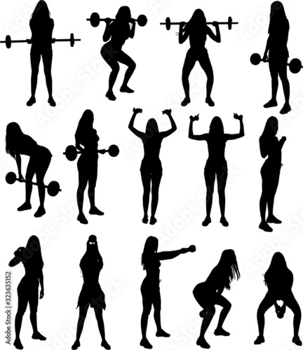 Silhouette set of gym fitness weight lifting exercises young attractive woman. Vector illustration. 