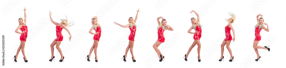 Woman dancing in red dress isolated on white Woman dancing in red dress isolated on white
