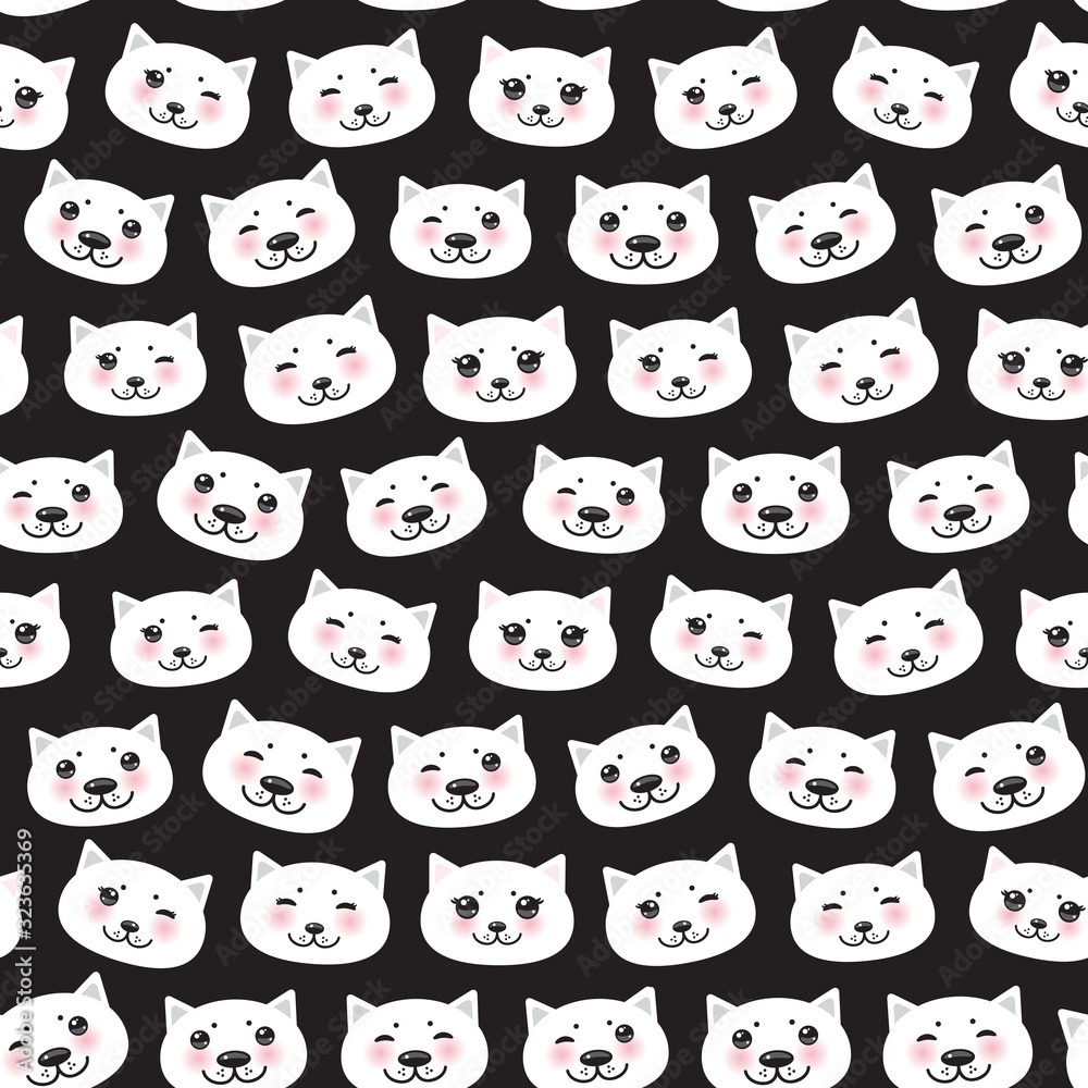 Seamless pattern funny Kawaii white cat face with pink cheeks, black background. Can be used for greeting card design, Gift wrap, fabrics, wallpapers. Vector