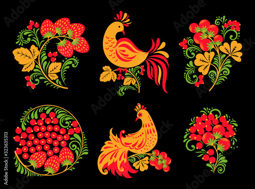 Set of traditional Russian Hohloma ornament with birds and berries on black background. photo