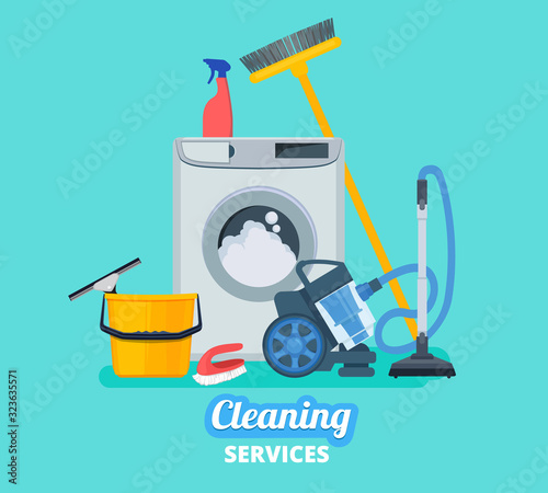 Cleaning service. Household items kitchen spray bucket vacuum cleaner cleaning supplies vector concept background. Sprayer cleanup, broom and mopping, washing housekeeping illustration