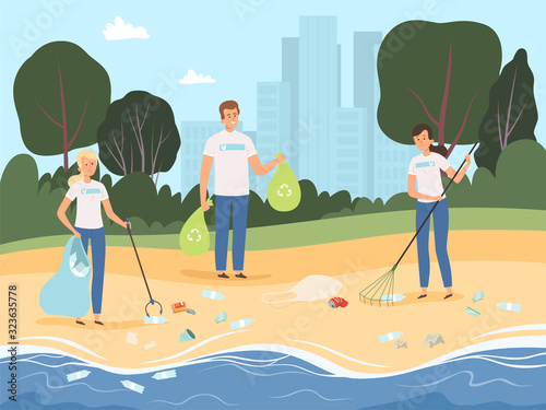 Volunteers working. People social work together team of characters protect nature garbage processing in park vector background. Social volunteer community, processing collect rubbish illustration