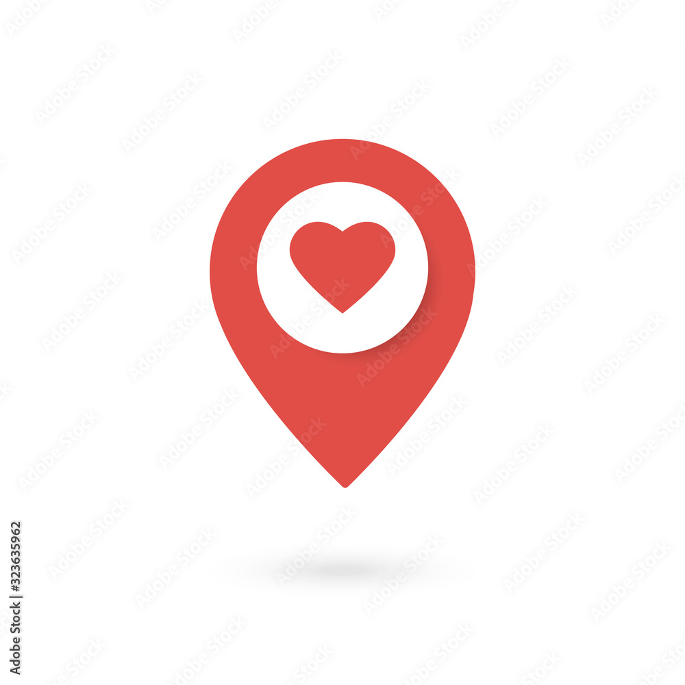 Red location pin icon with heart shape. Position marker isolated on white background. Pin map design element. Location symbol. Vector illustration Red location pin icon with heart shape. Position marker isolated on white background. Pin map design element. Location symbol. Vector illustration