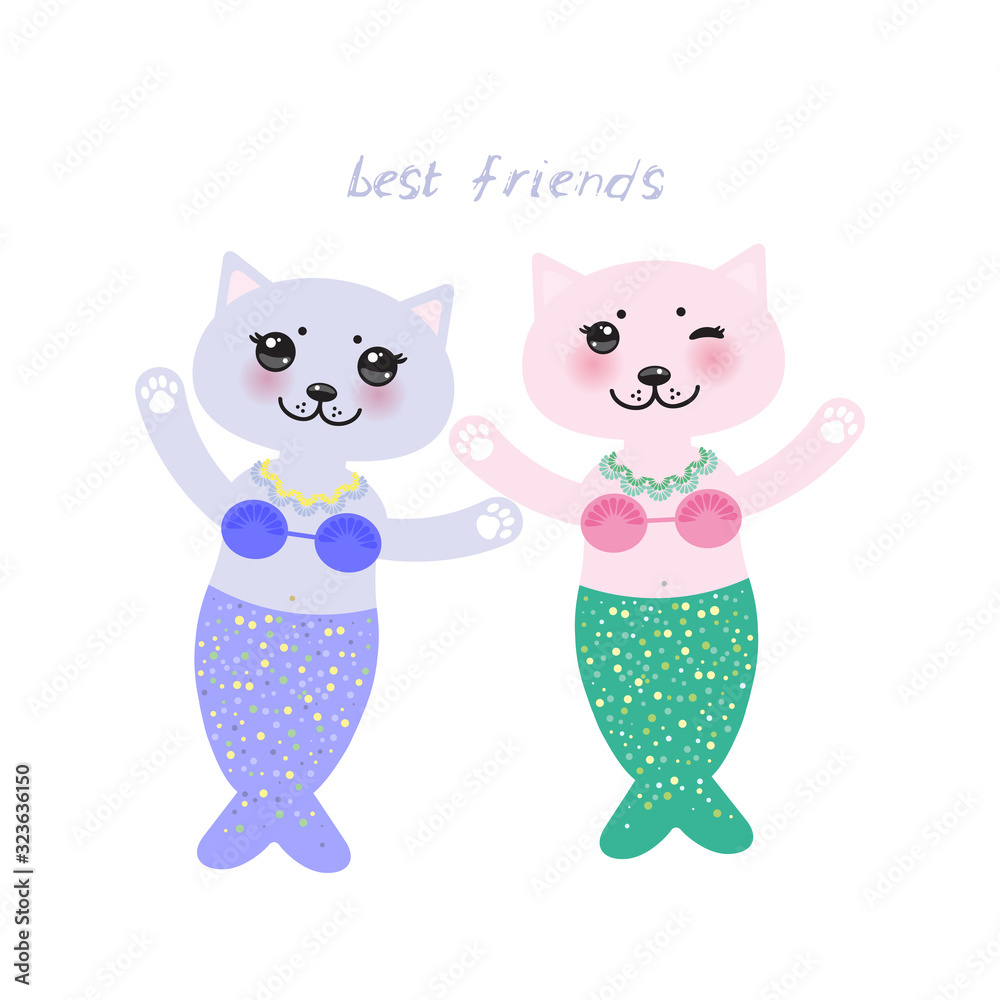 Best friends. fantasy cat mermaid funny Kawaii face with pink cheeks, green lilac blue isolated on white background. Can be used for greeting card design, frame for your text, copy space. Vector Best friends. fantasy cat mermaid funny Kawaii face with pink cheeks, green lilac blue isolated on white background. Can be used for greeting card design, frame for your text, copy space. Vector