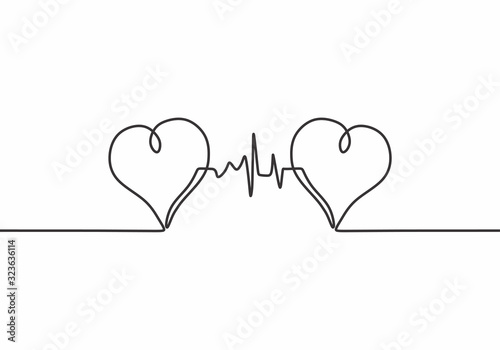 Continuous one line drawing. two hears with hearbeat. Vector minimalism illustration, single hand drawn.