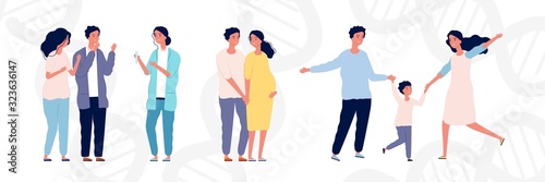 In vitro fertilization concept. Young couple and doctor. Maternity and parenthood, happy pregnant woman with man. Parents with child vector illustration. Reproduction pregnancy female and maternity
