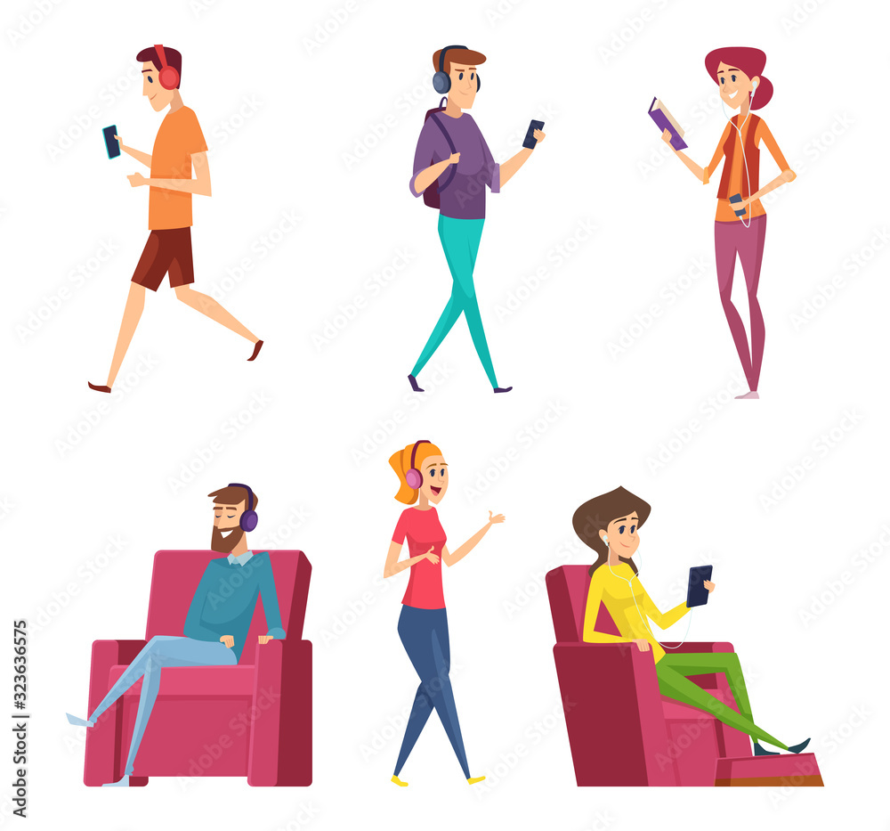 Listening headset music. Characters male and female relaxing on sofa or couch happy persons laying vector cartoon people. Headset listen and relax, enjoy listening headphones illustration