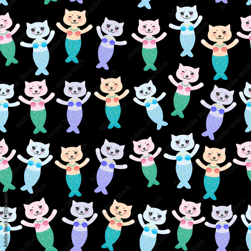 Obraz premium Seamless pattern fantasy cat mermaid funny Kawaii face with pink cheeks, pastel colors blue pink lilac on black background. Can be used for greeting card design, Gift wrap, fabrics, wallpapers. Vector