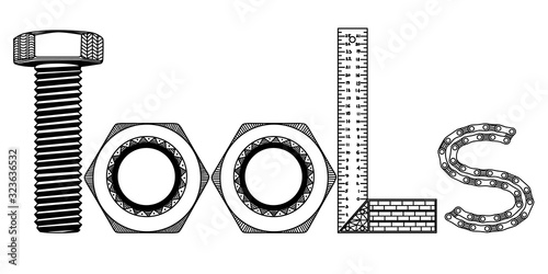 tools, t,o,l,s, letters in zenart style, bolt, female screw, ruler, chain, black and white drowing