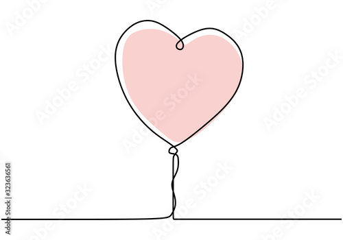 Fototapeta Heart balloon one line drawing. Continuous single hand drawn. Minimalist design of romantic love symbol.