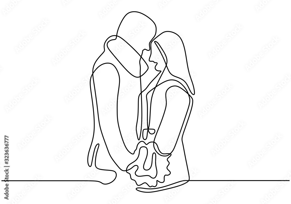 line art drawing cute couple kiss romantic. Stock Vector