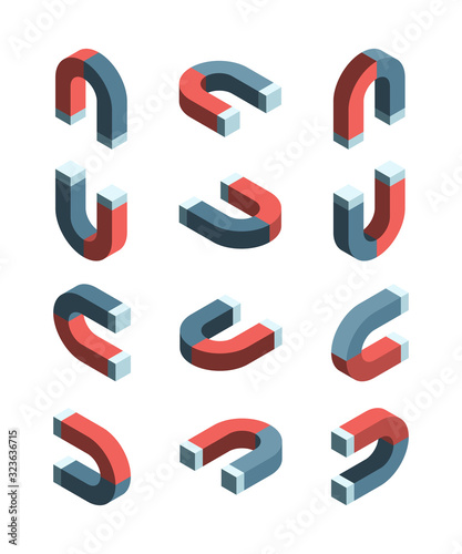 Magnet isometric. Iron items with magnetism connection symbols vector collection set. Illustration magnet and magnetize metal
