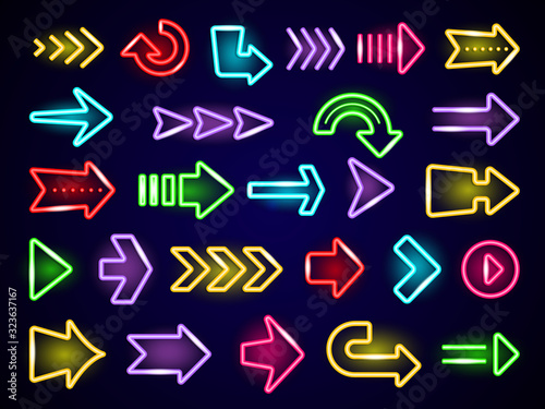 Glow neon arrows. Light direction arrows retro outside street advertizing elements vector neon realistic. Arrow light neon electric, bright electricity glowing sign illustration