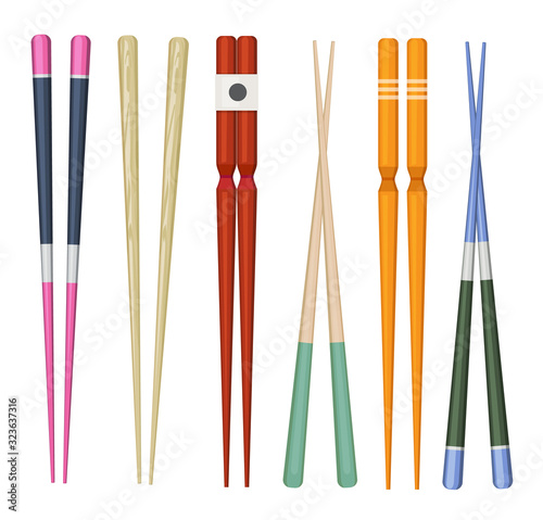 Japan stick. Colorful traditional utensils for eating japan food sushi wooden chopstick vector collection. Japanese chopsticks, asian traditional sticks illustration