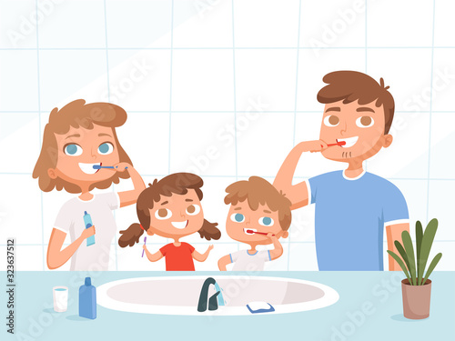 Kids with parents washing. Teeth brush sink toilet daily routine dental hygiene vector cartoon family. Family with toothbrush in bathroom, clean teeth illustration