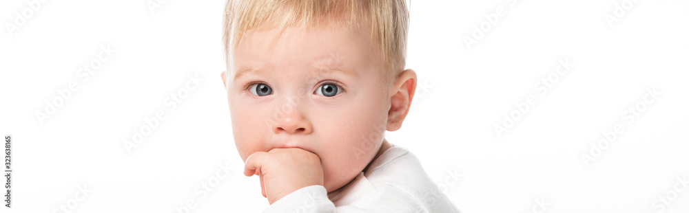 Cute child putting hand in mouth, looking at camera isolated on white, panoramic shot Cute child putting hand in mouth, looking at camera isolated on white, panoramic shot