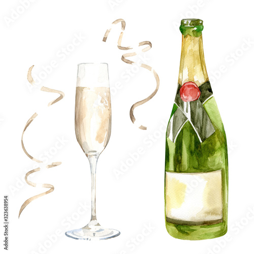 Photo Watercolor illustration of romantic glass of sparkling champagne alongside a bot