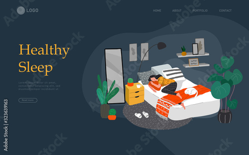 Landing page template with Sweet girl sleeping in bed with relaxing white cat . Daily life and everyday routine scene by young woman in scandinavian style cozy interior bedroom. Cartoon vector