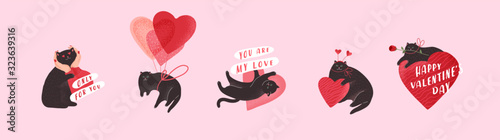 Cute cats in love. Romantic Valentines Day set for greeting card or poster. Cat give heart, kitten in hands, hero cat with rose, flying cat on balloon. Flyers, invitation. Vector concept