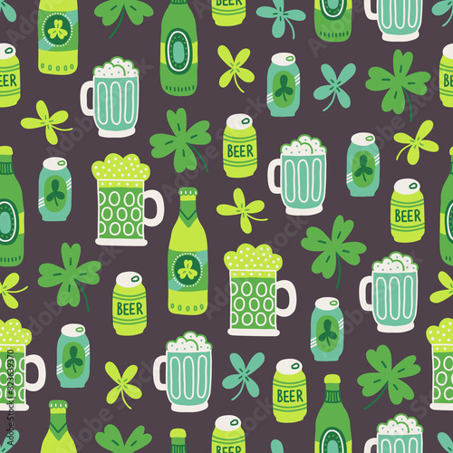 St. Patrick's Day seamless pattern with clover leaves, beer bottles