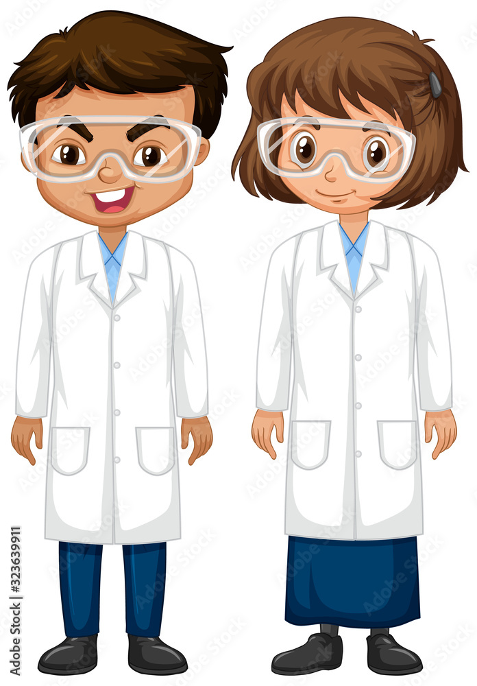 Boy and girl in science gown standing on white background Boy and girl in science gown standing on white background