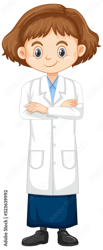 Girl in science gown standing on white background Girl in science gown standing on white background