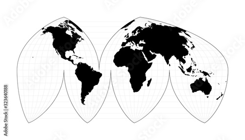 World map with meridians. Boggs' interrupted eumorphic projection. Plain world geographical map with graticule lines. Vector illustration.
