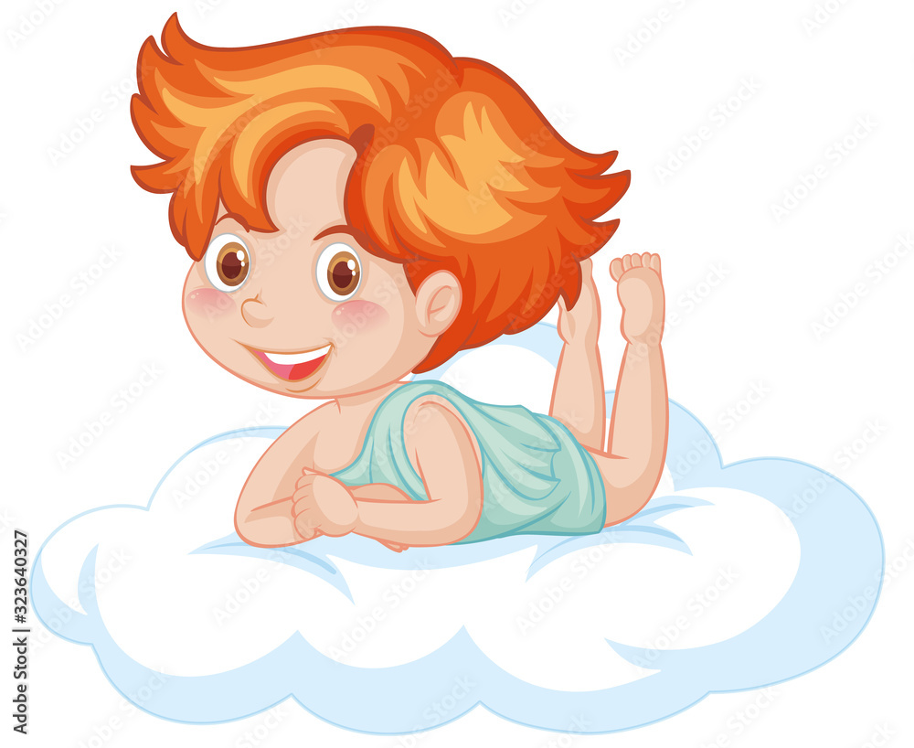 Cute boy on the floating cloud smiling