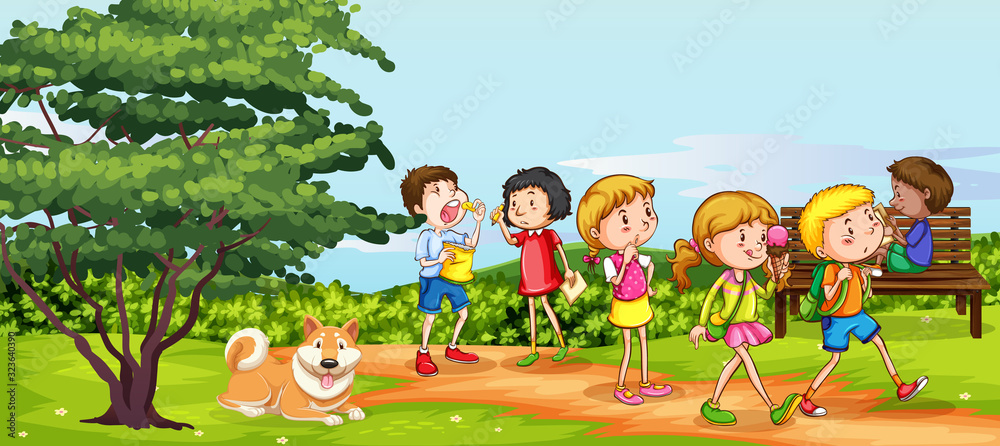 Fototapeta premium Scene with many children having fun in the park
