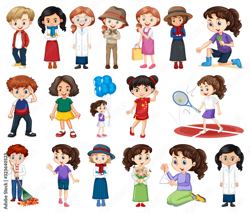 Large set of boys and girls doing different activity on white background