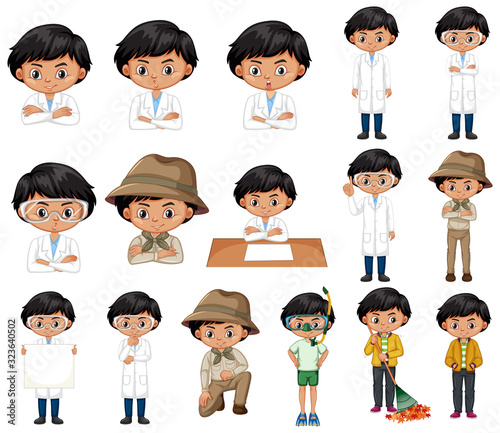 Set of boy doing different things on white background