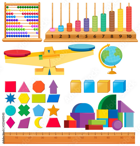 Set of geometry shapes and other school items