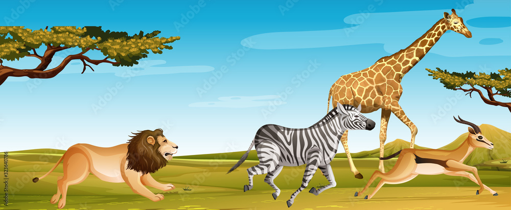Group of wild african animals running in the savannah field Stock Vector |  Adobe Stock