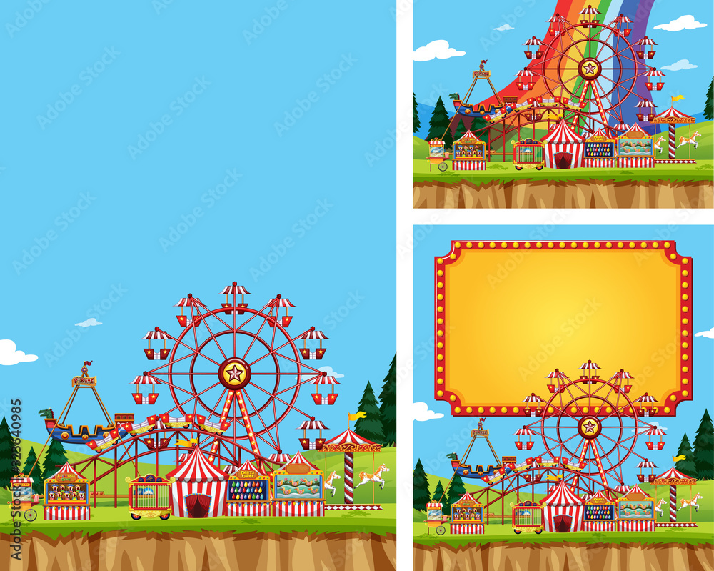 Three scenes of circus with many rides