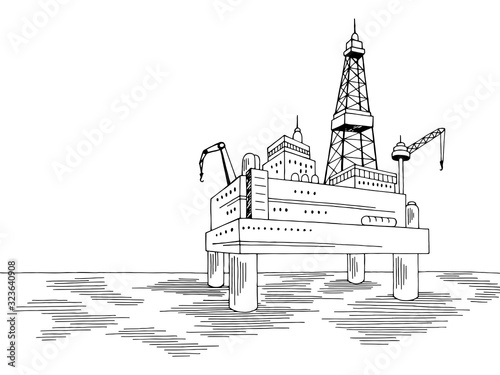 Drilling platform ocean sea landscape graphic black white sketch illustration vector