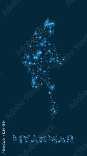 Myanmar network map. Abstract geometric map of the country. Internet connections and telecommunication design. Vibrant vector illustration.