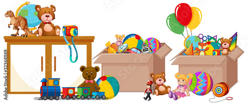 Shelf full of books and toys on white background