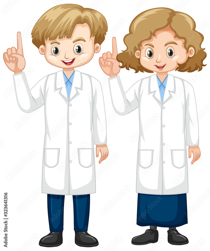 Boy and girl in science gown pointing finger up