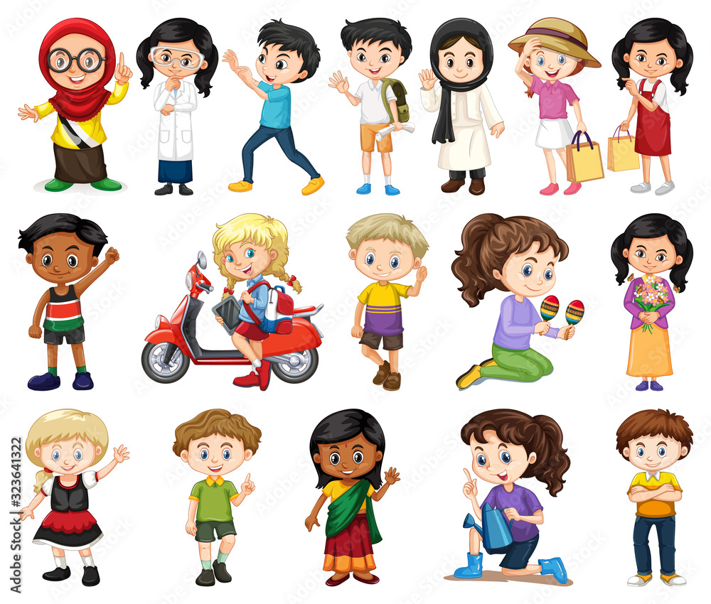 Large set of boys and girls doing different activity on white background Large set of boys and girls doing different activity on white background