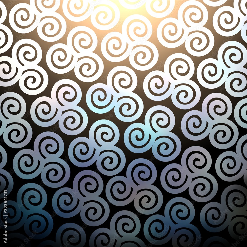 Curl gleam pattern on black background. Black white ornamental iridescent texture. Twirls ornament illustration.