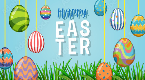 Poster design for easter with painted eggs in the garden