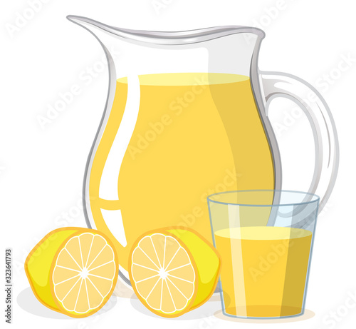 Lemon juice in glass and jug on white background