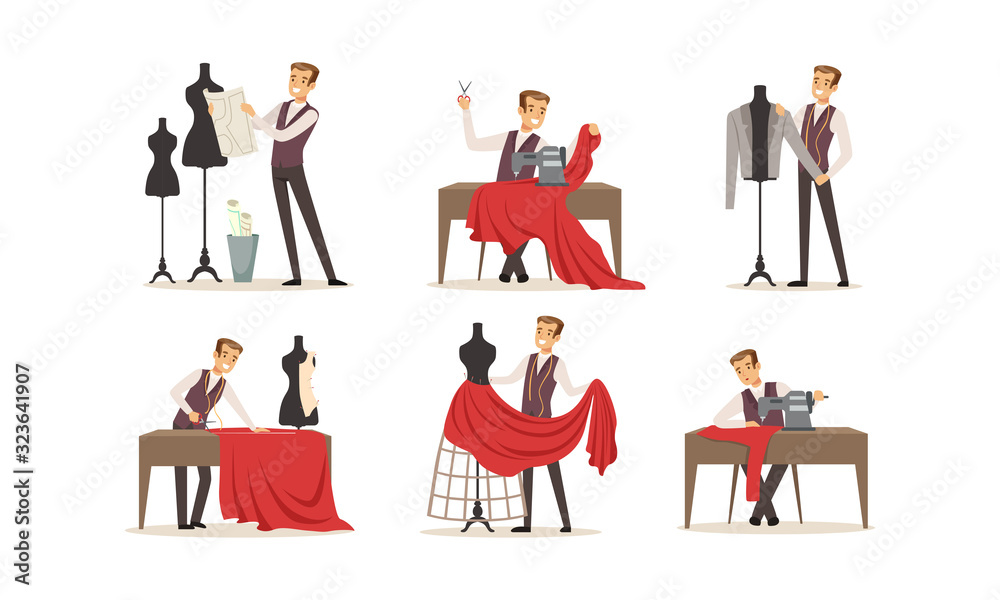 Male Clothing Designer Tailor Working at Atelier Collection, Dressmaker Making Out and Sewing Clothes by Sewing Machine Vector Illustration Male Clothing Designer Tailor Working at Atelier Collection, Dressmaker Making Out and Sewing Clothes by Sewing Machine Vector Illustration