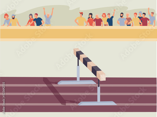 sports stadium with a treadmill and with sports equipment for running with obstacles, in the background a tribune with excited people,
