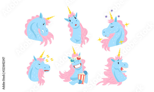 Unicorns Cartoon Character Collection  Funny Mythical Animal in Different Situations and Various Emotions Vector Illustration