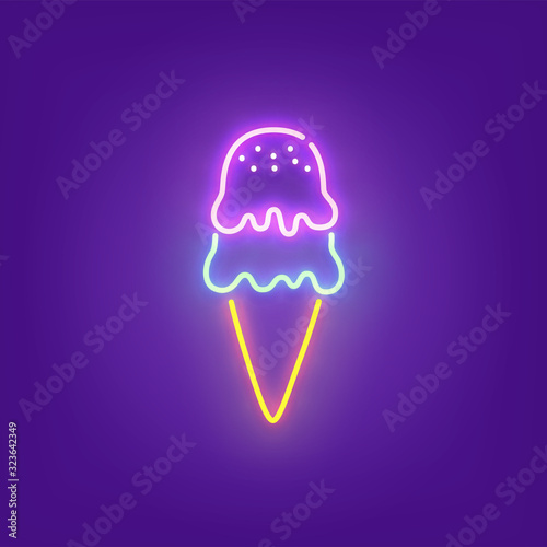 Ice cream neon icon, bright signboard, light banner. Ice cream logo neon, emblem. Vector illustration